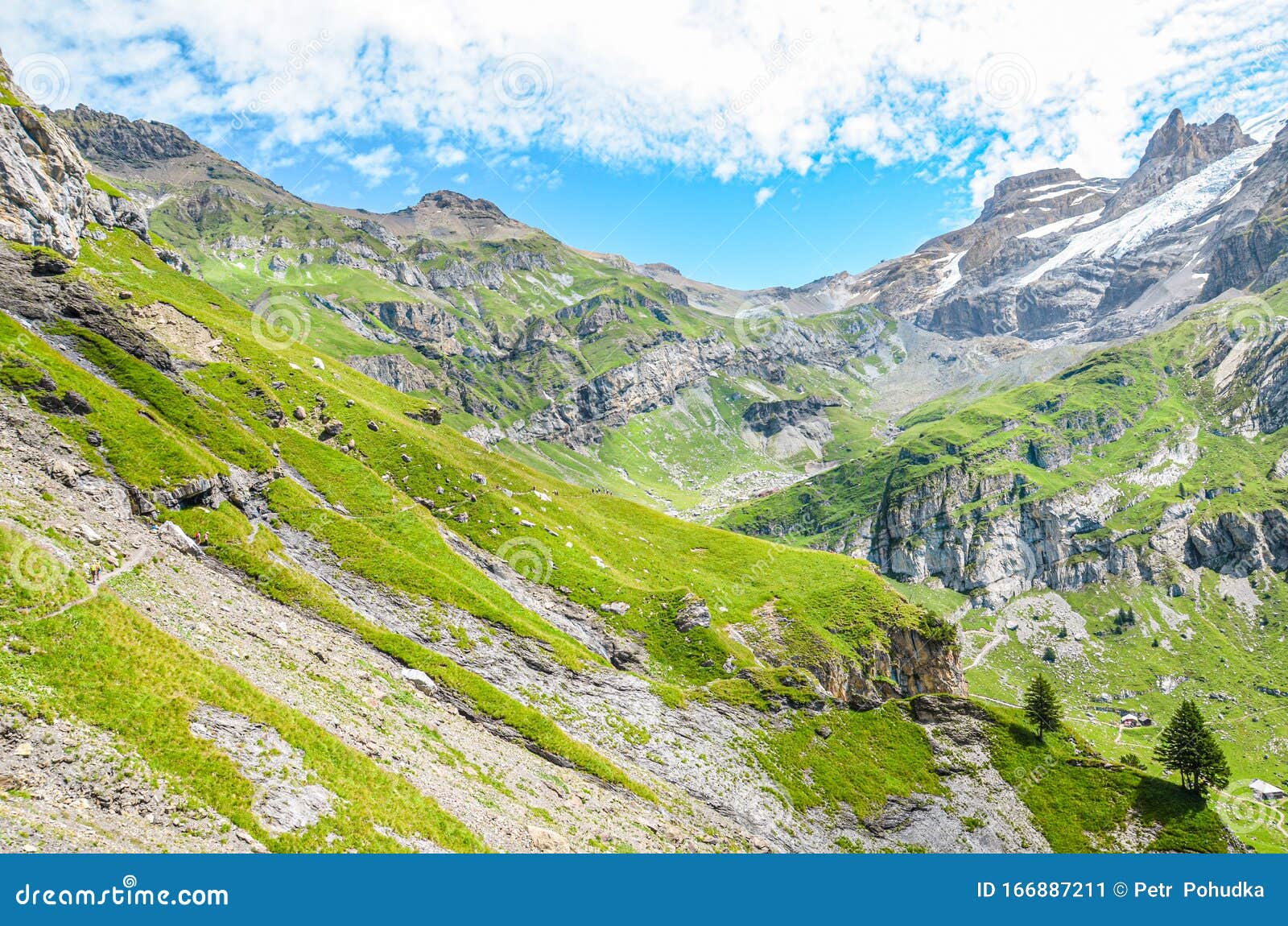 Idyllic Alpine Landscape Photographed On A Sunny Day Green Pastures On