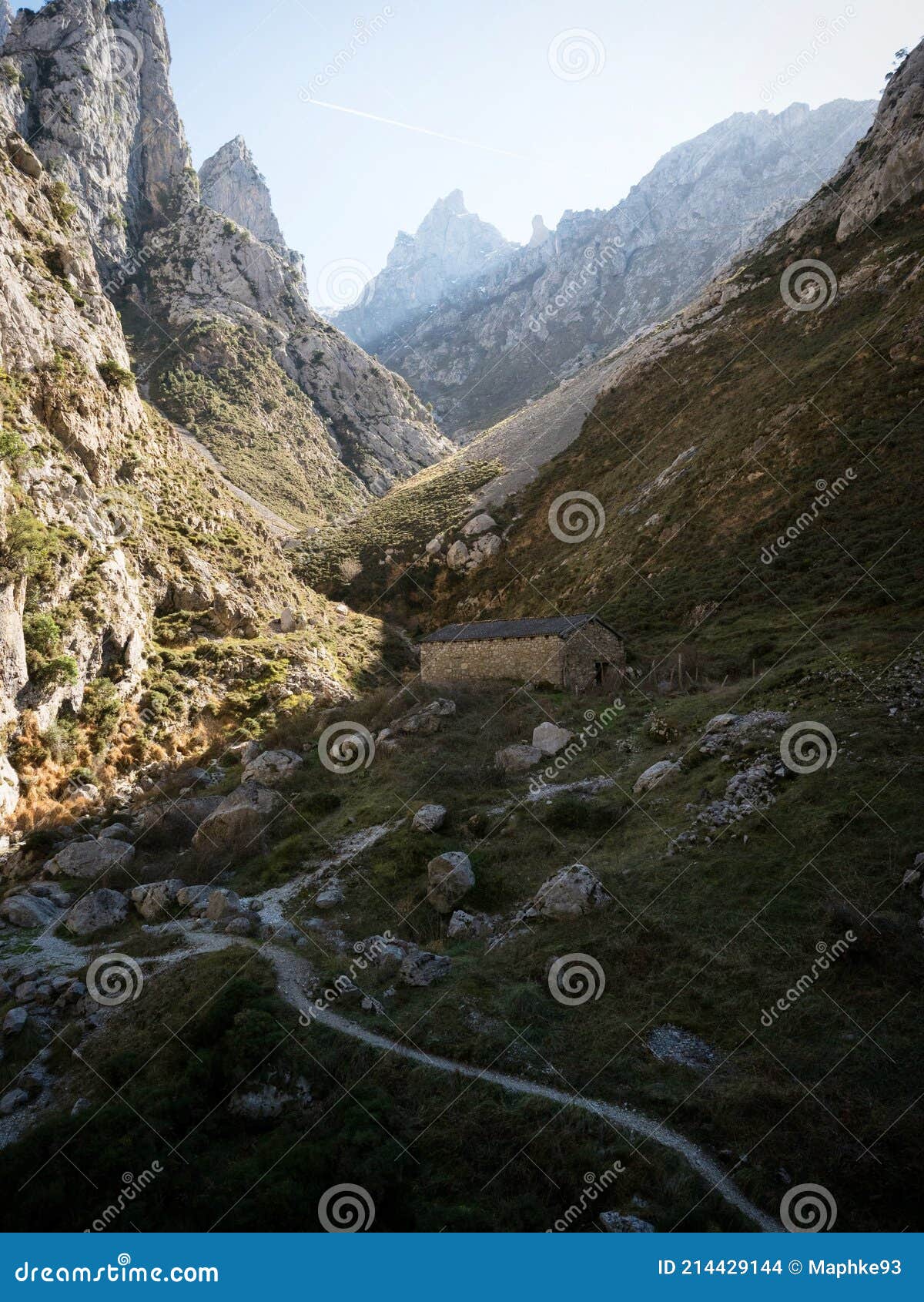 idyllic cabin mountain hut along valley hiking trail path route senda del cares in picos de europa leon asturias spain