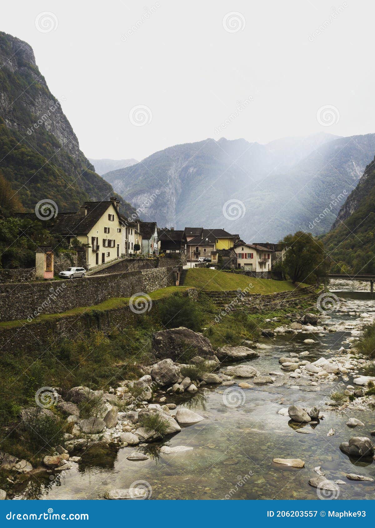 idyllic charming town rock stone houses village bignasco maggia and bavona river in vallemaggia ticino switzerland alps
