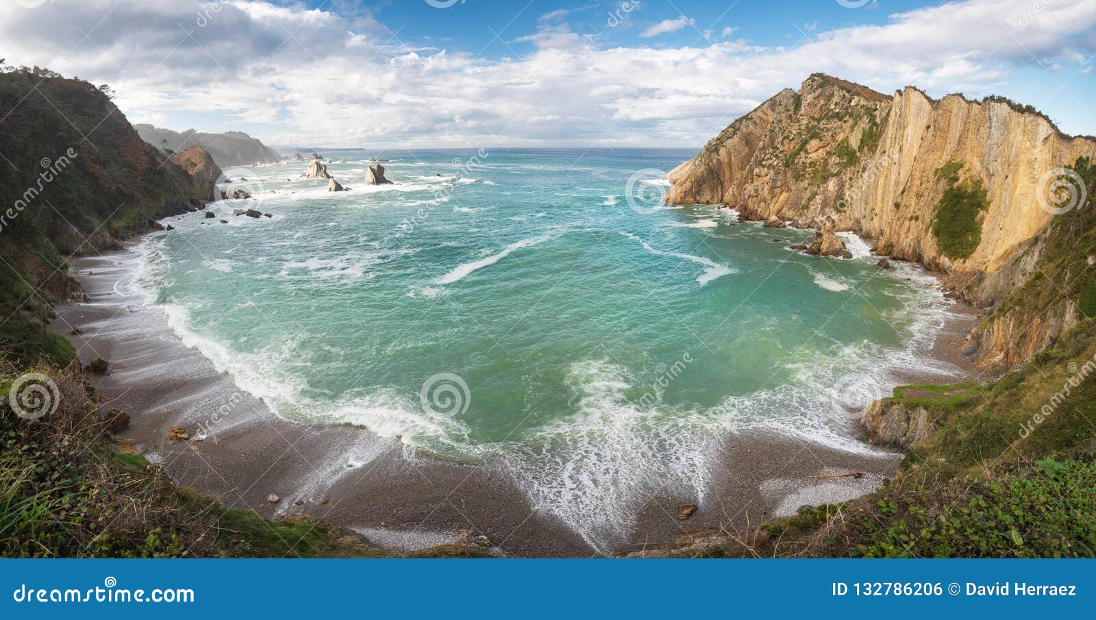 idyllic coastline panorama landscape in cantabric sea, playa del silencio, silence beach asturias, spain