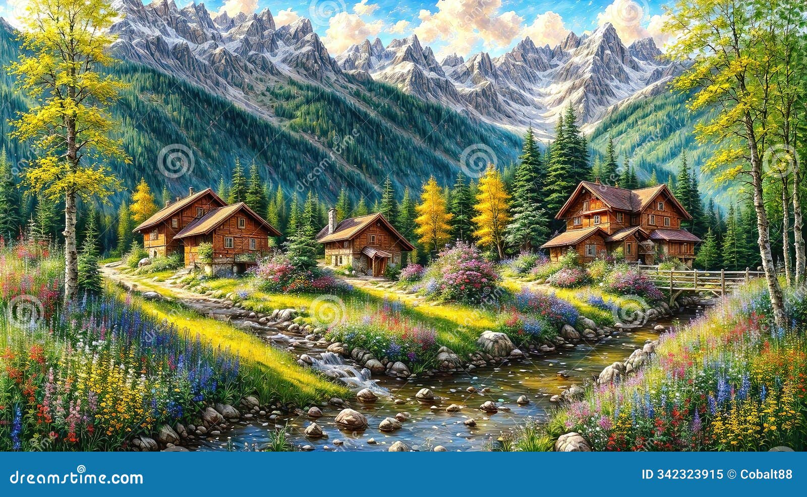 idyllic countryside summer landscape with wooden old houses, beautiful flowers and trees with the alp mountains in the background