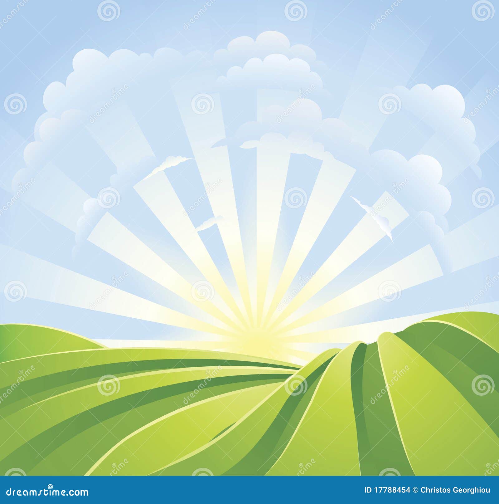 idyllic green fields with sunshine rays