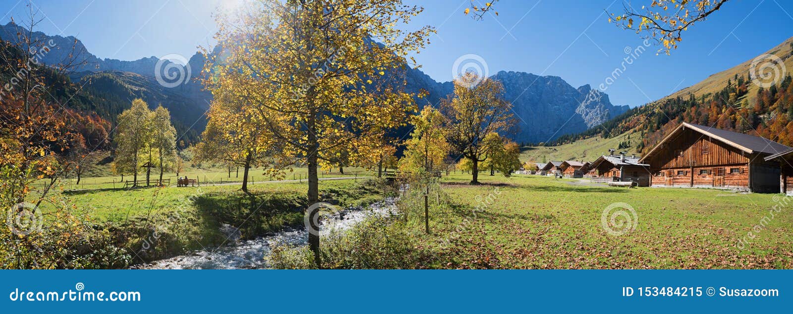 idyllic karwendel valley in autumn, alpine hut eng alm, austria