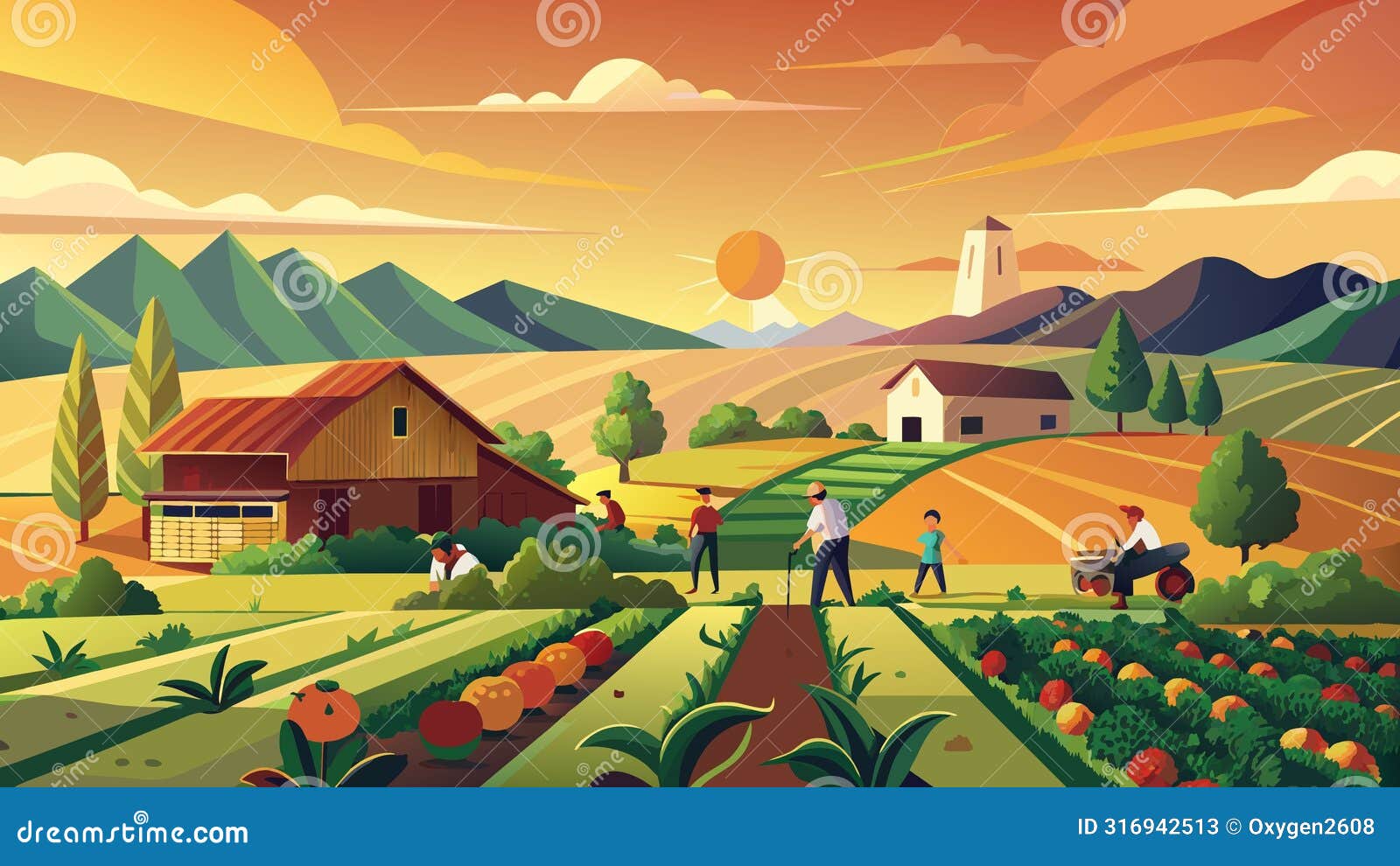 idyllic rural landscape at sunset with farmers harvesting crops