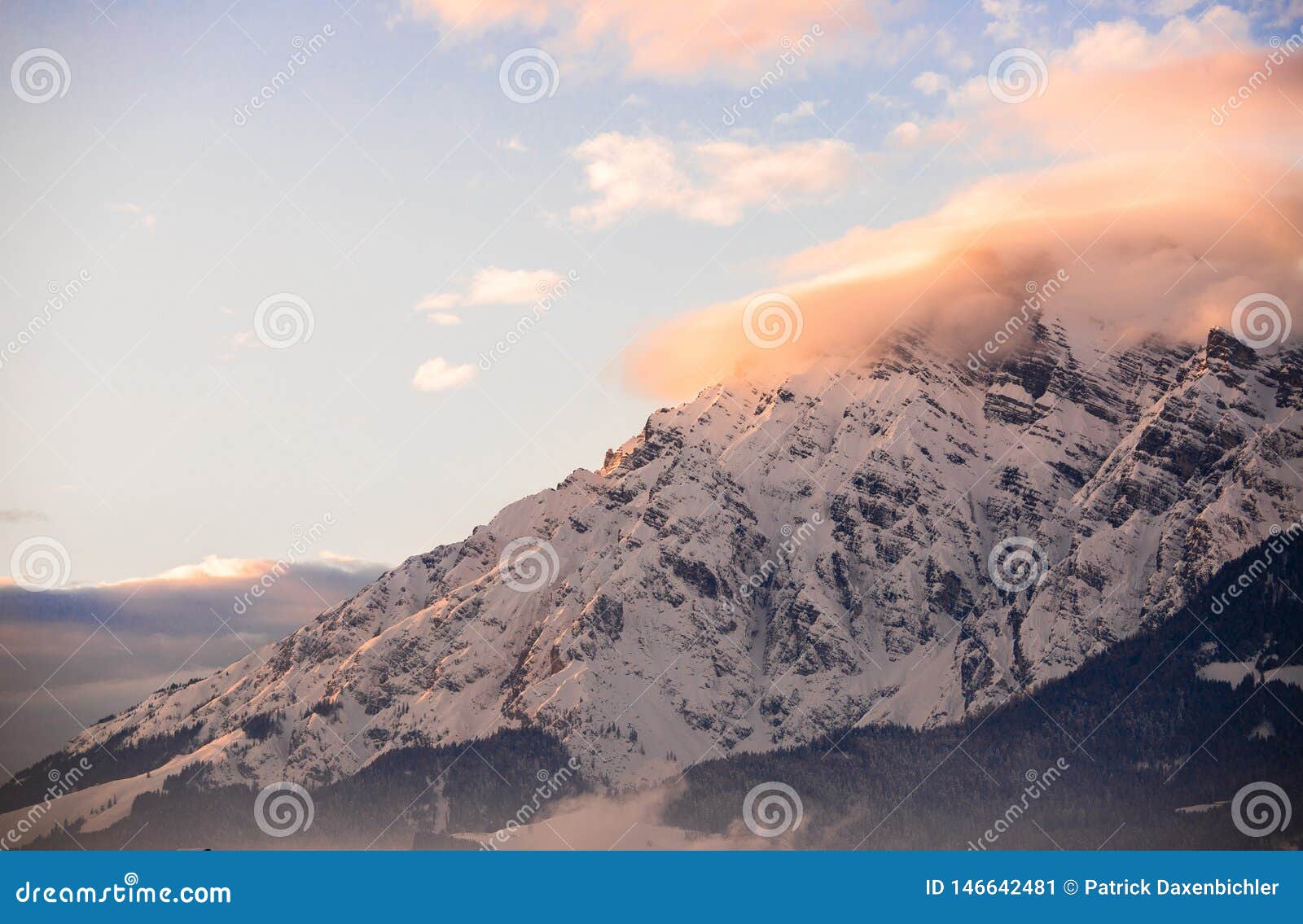 idyllic snowy mountain peaks, setting sun in winter, landscape, alps, austria