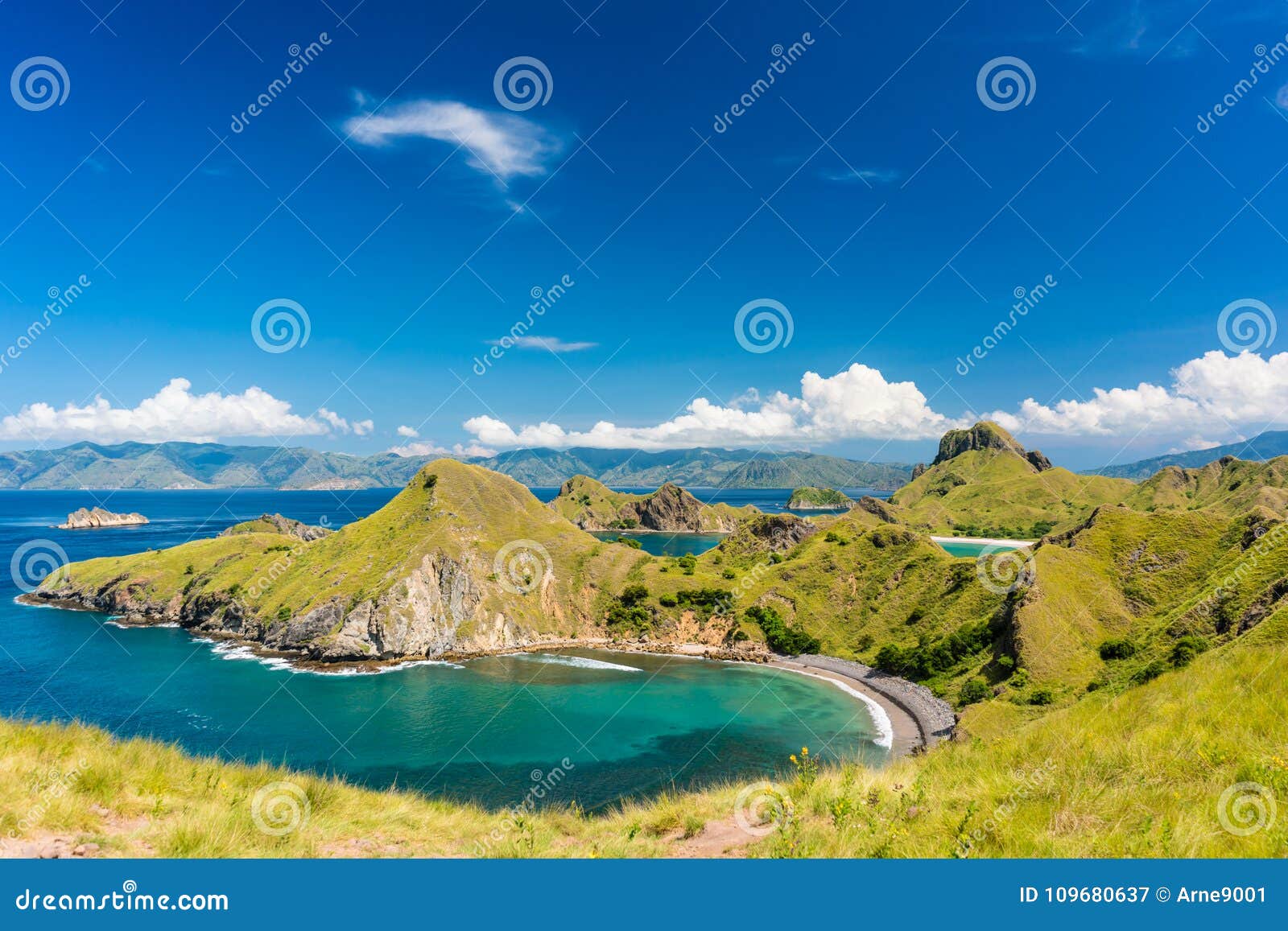 idyllic seascape from indonesia with the coastline of padar isla