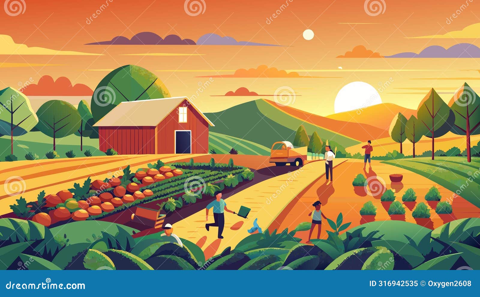 idyllic sunset on a bustling farm landscape with workers and harvest