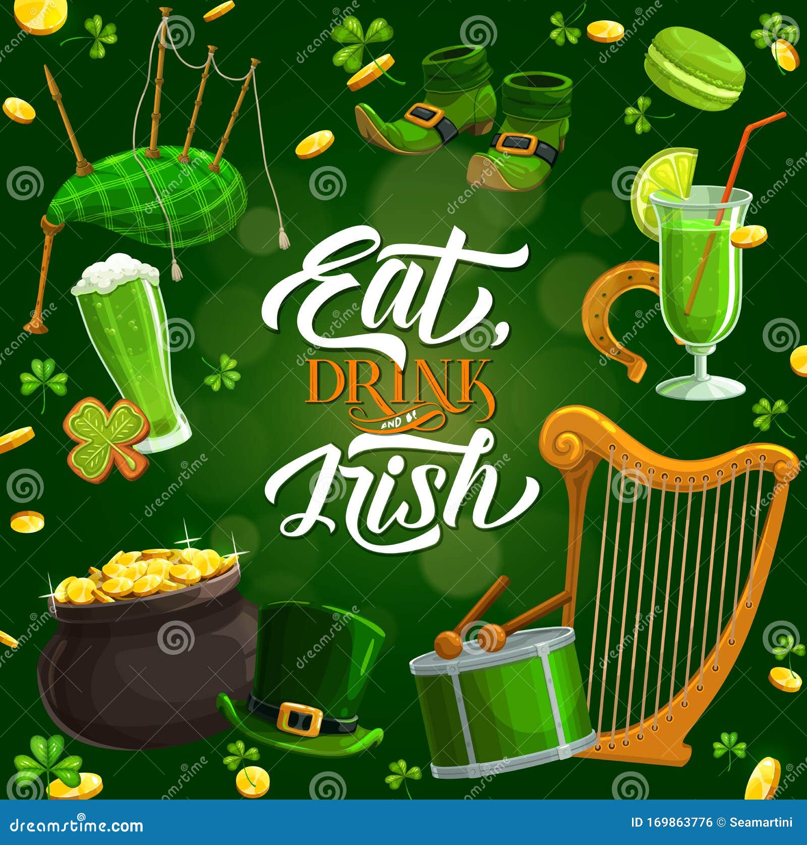 Iers Eten, Drinken Muziek Patrick Day, Hoefijzer Vector Illustratie - Illustration of goud, trommelstok: 169863776