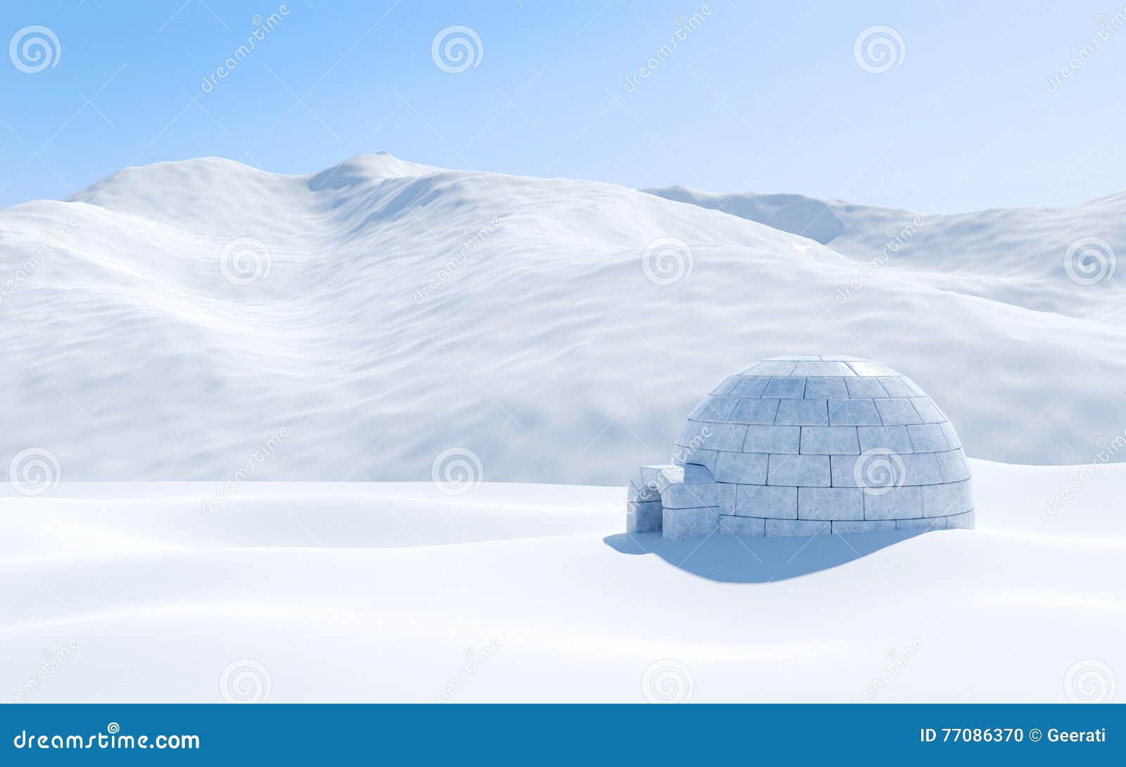 igloo  in snowfield with snowy mountain, arctic landscape scene