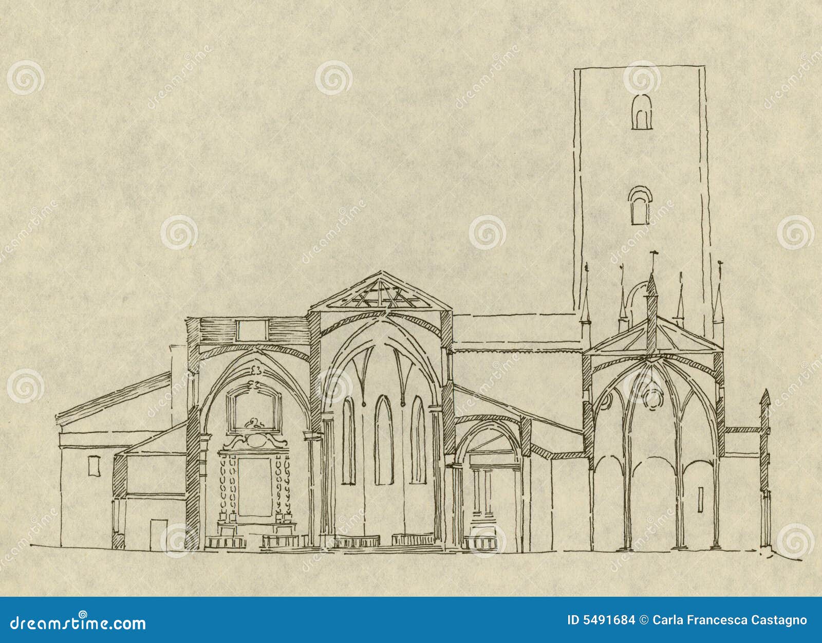 Igreja italiana em Chieri. Desenho arquitectónico de uma igreja católica italiana em Chieri (norte de Italy). Seção desenhada mão.