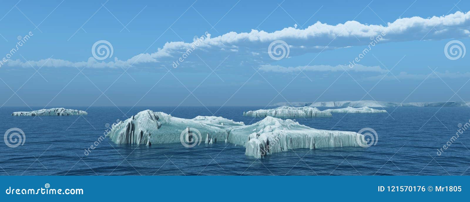 De computer produceerde 3D illustratie met ijsbergen in de open zee
