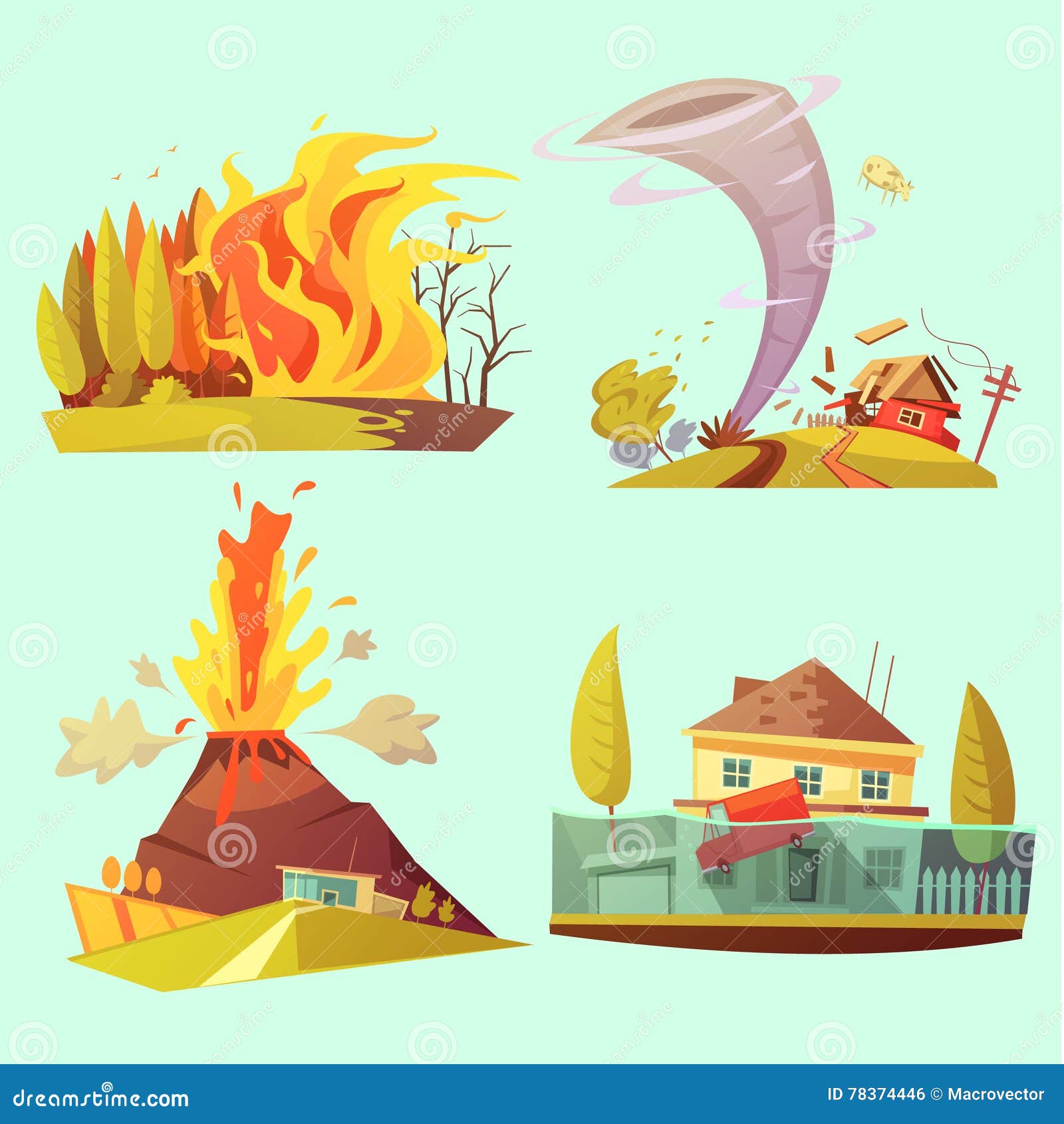 Ikonen Der Naturkatastrophe Retro Karikatur 2x2 Eingestellt Vektor Abbildung Illustration Von Retro Karikatur