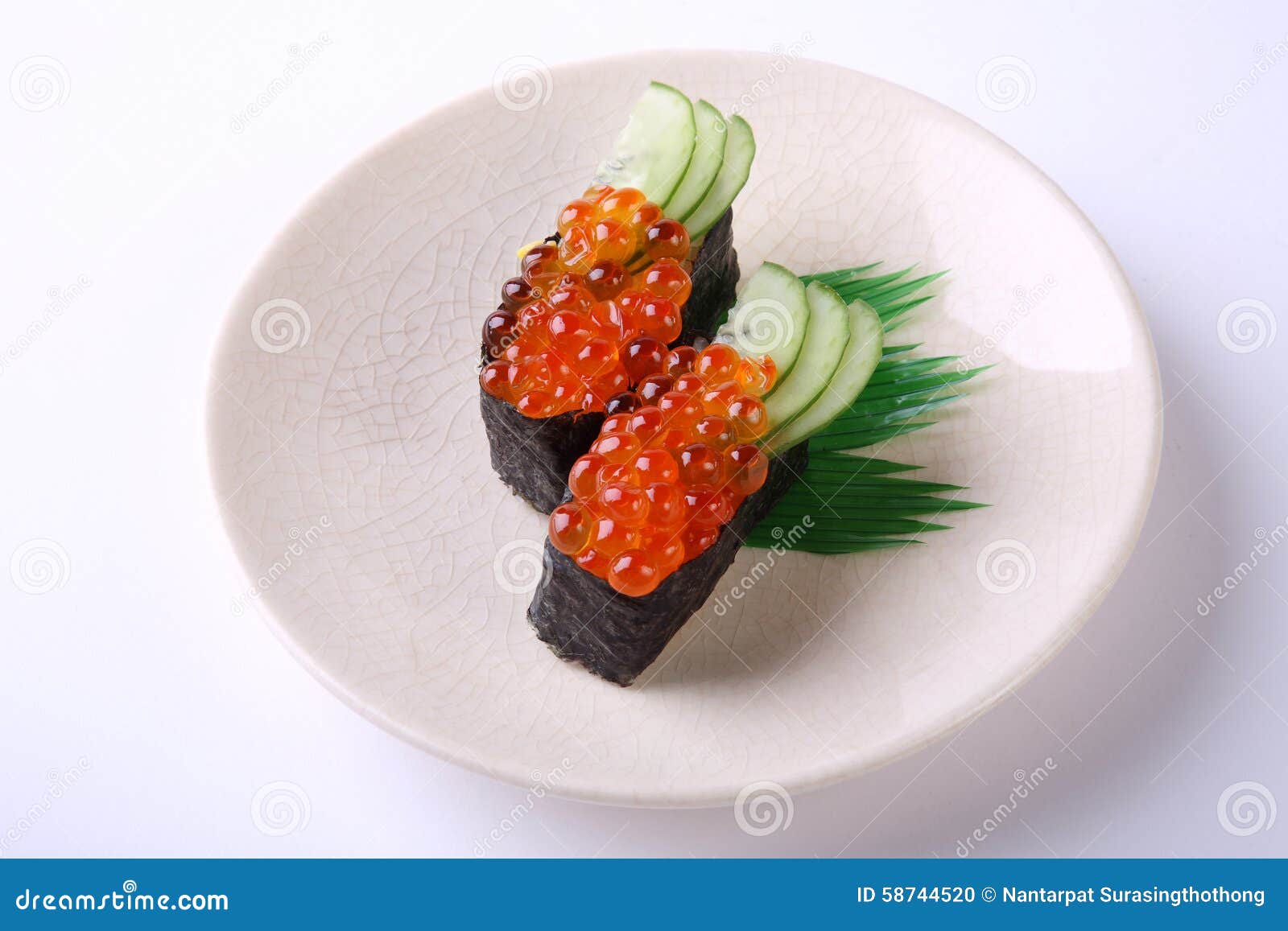 Ikura Nigiri Sushi, Salmon Roe with Sushi Rice and Seaweed on Wh