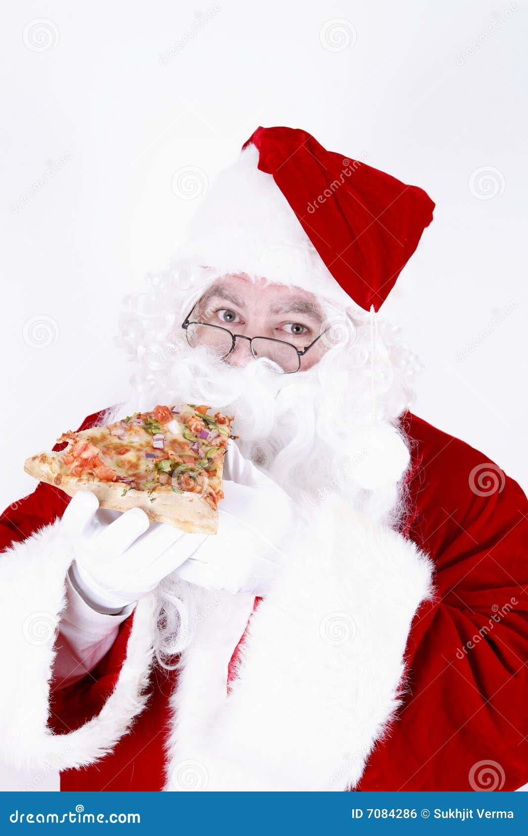 Babbo Natale Pizzeria.Il Babbo Natale Che Sorride E Che Mangia Pizza Fotografia Stock Immagine Di Junk Alimento 7084286