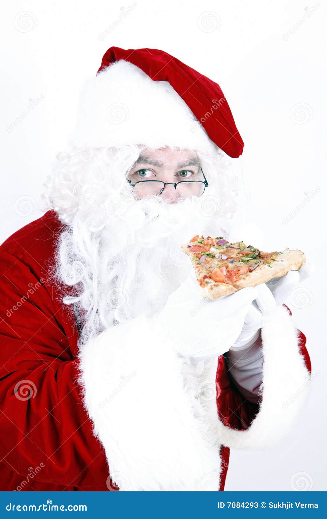 Babbo Natale Pizzeria.Il Babbo Natale Che Sorride E Che Mangia Pizza Immagine Stock Immagine Di Guarnizioni Alimento 7084293