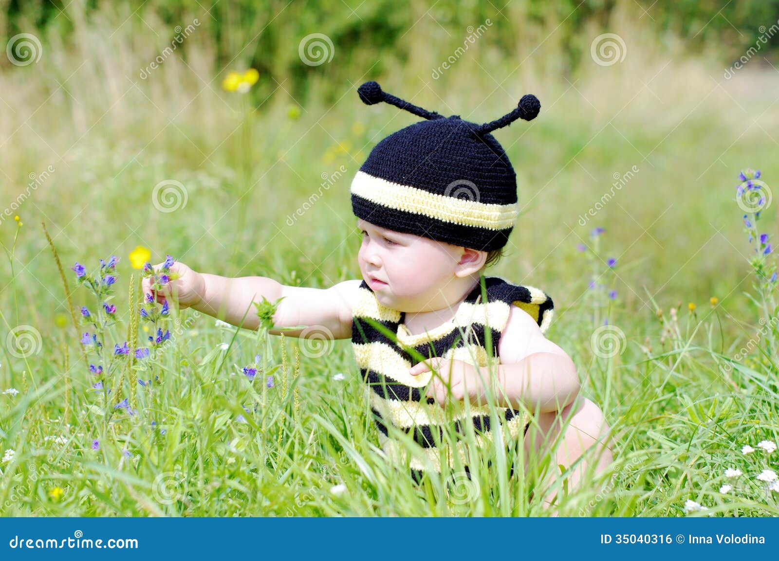 Il Bambino in Costume Dell'ape Raggiunge Per Un Fiore Fotografia Stock ...