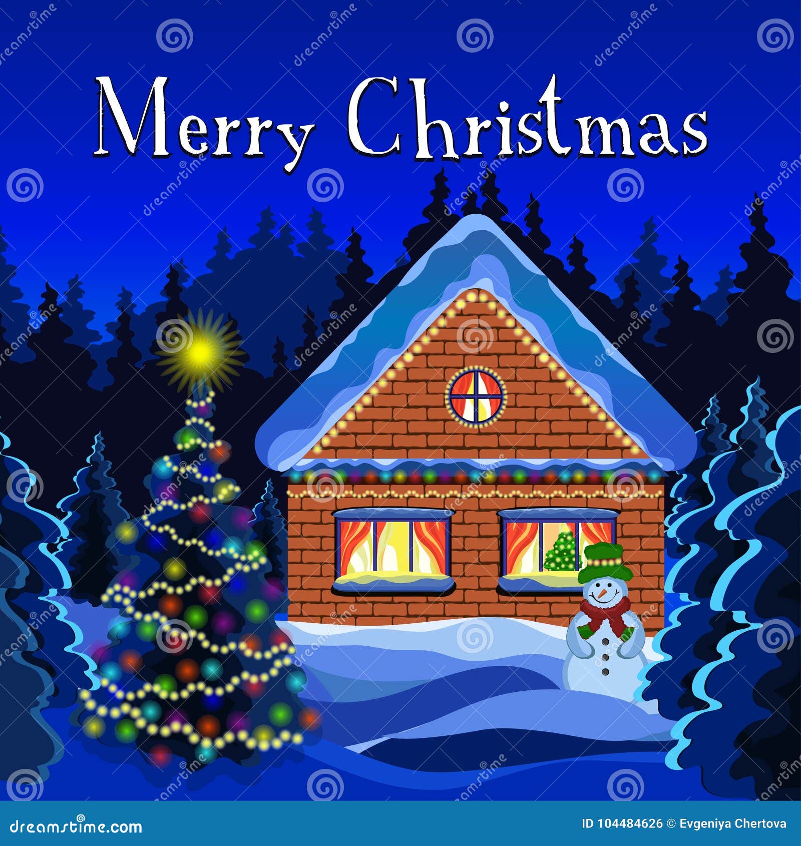 Buon Natale Paesaggi.Il Buon Natale Carda Disegno Di Vettore Del Paesaggio Di Natale Dell Inverno Foresta Della Neve Di Inverno Di Notte Decorata Co Illustrazione Vettoriale Illustrazione Di Festa Disegno 104484626