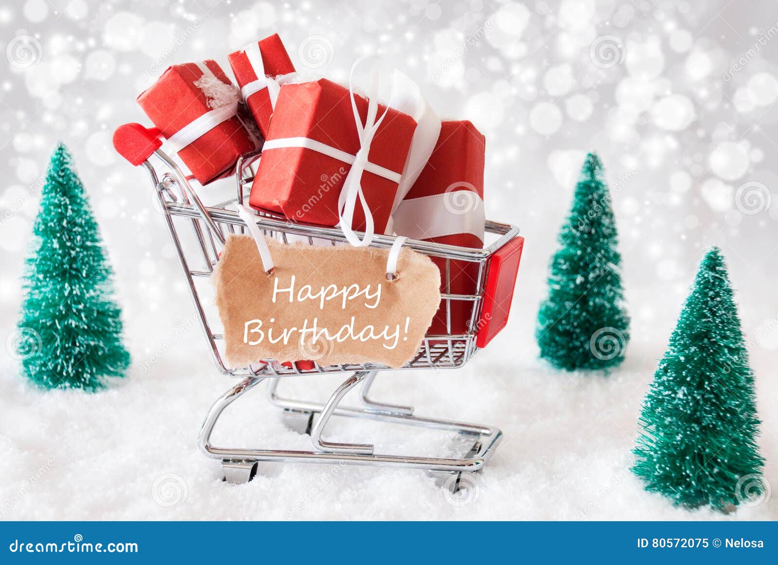 Buon Compleanno E Buon Natale.Il Carrello Con I Regali E La Neve Di Natale Manda Un Sms Al Buon Compleanno Immagine Stock Immagine Di Celebrazione Commercio 80572075