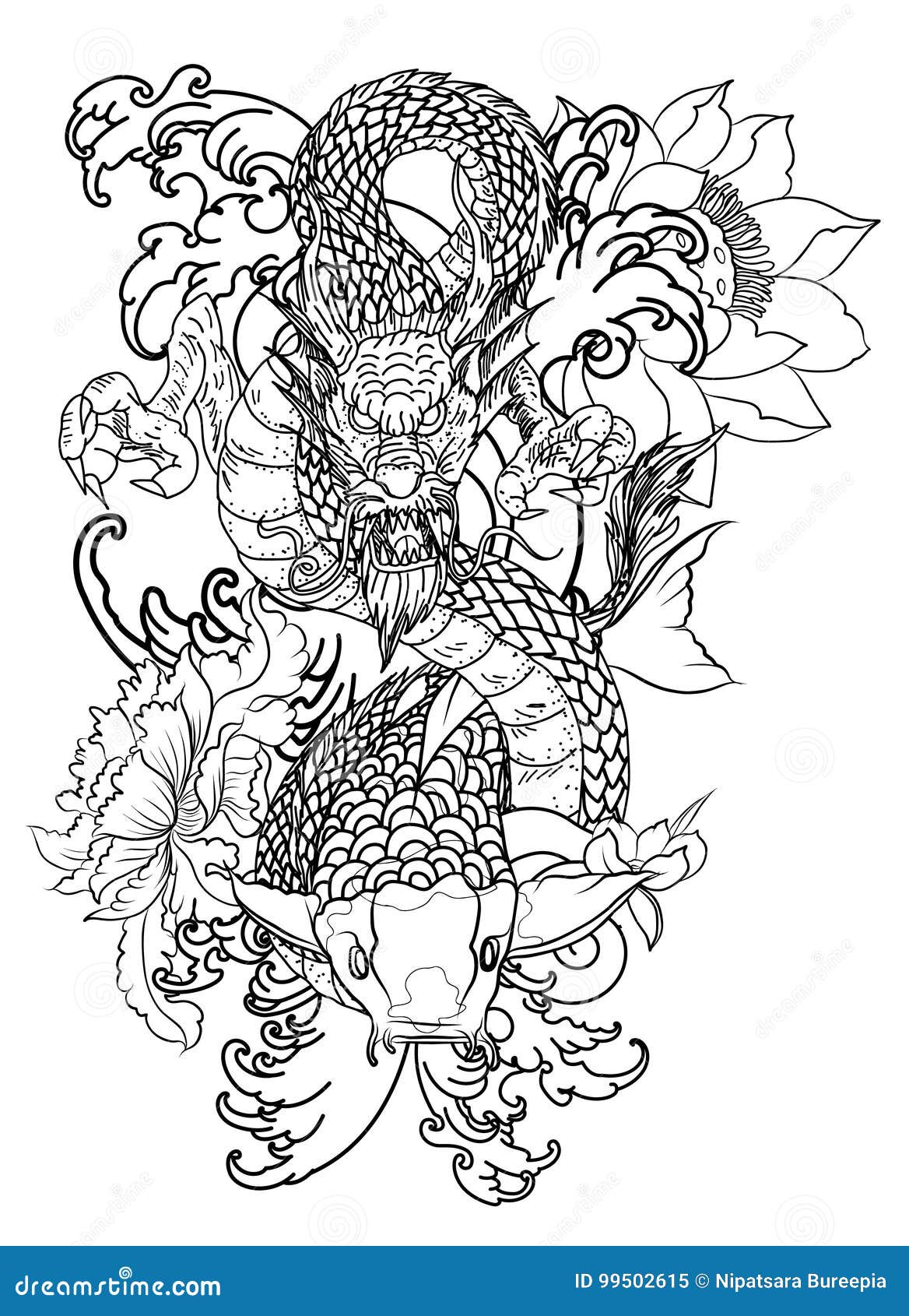 Il drago e il koi disegnati a mano pescano con il tatuaggio del fiore per il braccio giapponese immagine della carpa di vettore Disegno battimento