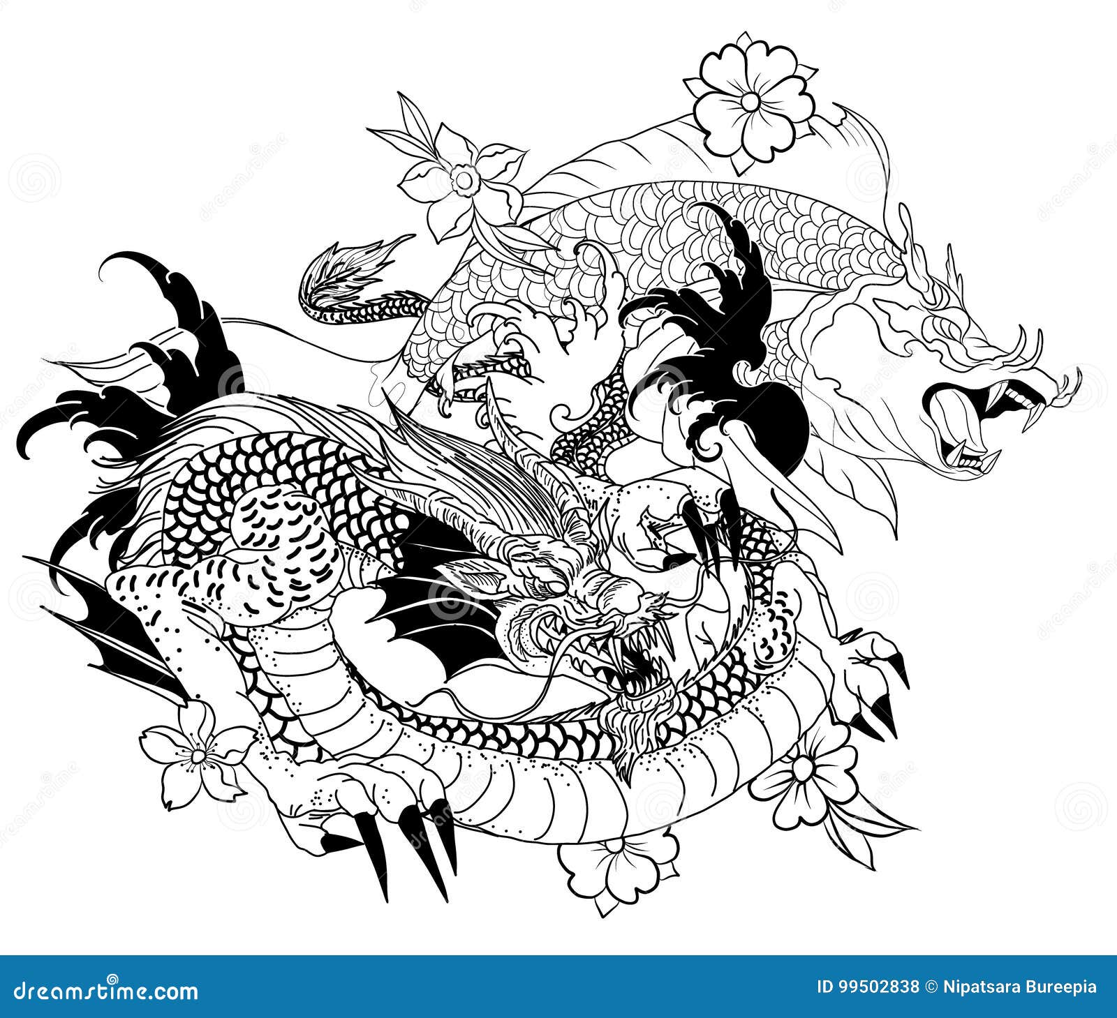 Il drago e il koi disegnati a mano pescano con il tatuaggio del fiore per il