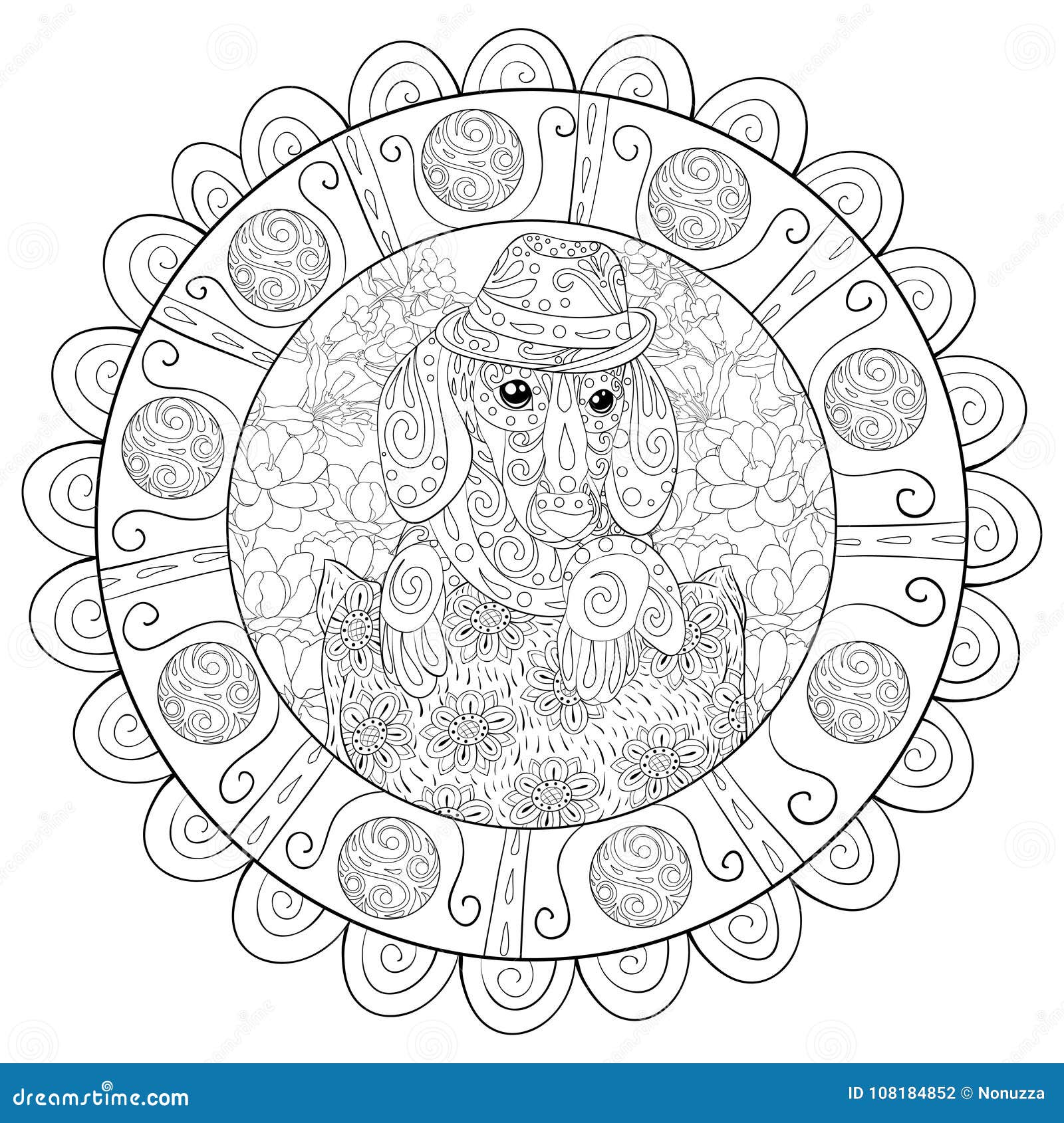 Il Libro Da Colorare Adulto Impagina Una Mandala Sveglia Con Un Cane Che Porta Un Cappello Sul Cuscino Per Rilassarsi Illustrazi Illustrazione Vettoriale Illustrazione Di Adulti Illustrazione