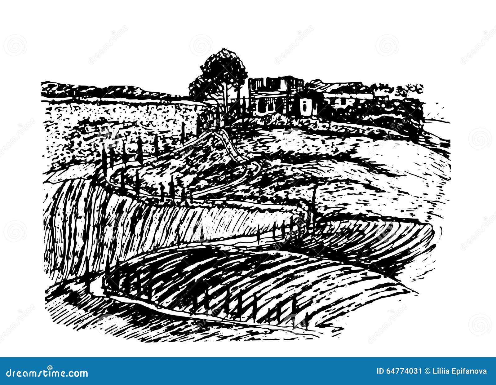 Il paesaggio bello di disegno della Toscana sistema con le rovine del castello sull illustrazione