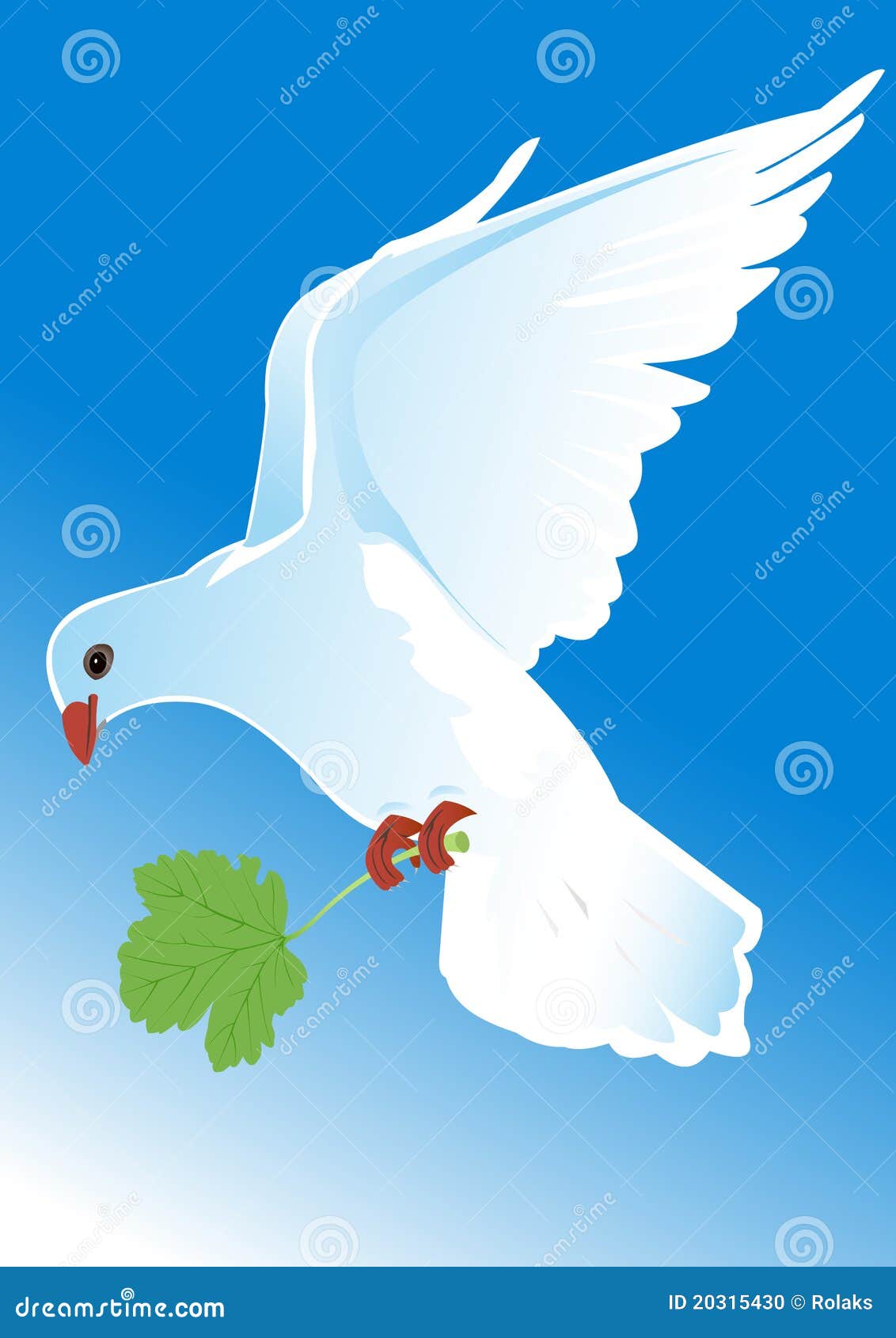 Il piccione. Illustrazione di un piccione di volo con un foglio verde