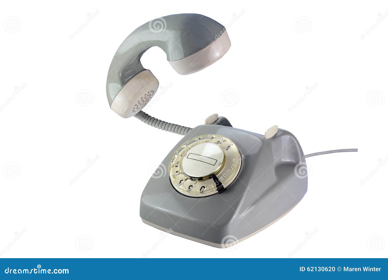 Il telefono di quadrante rotatorio grigio con il ricevitore telefonico di volo ha isolato la o. Telefono di quadrante rotatorio d'annata nel gray con il ricevitore telefonico di volo isolato su un fondo bianco