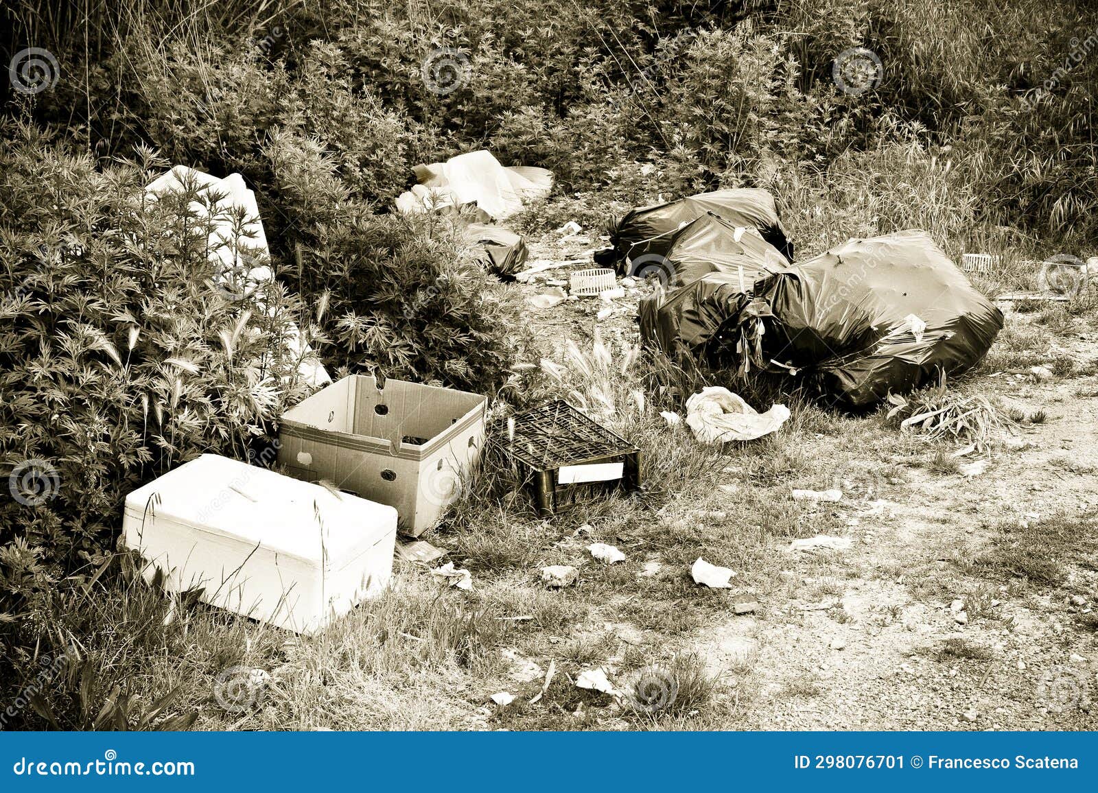 Illegal Dumping with Bottles, Boxes and Plastic Bags Abandoned in