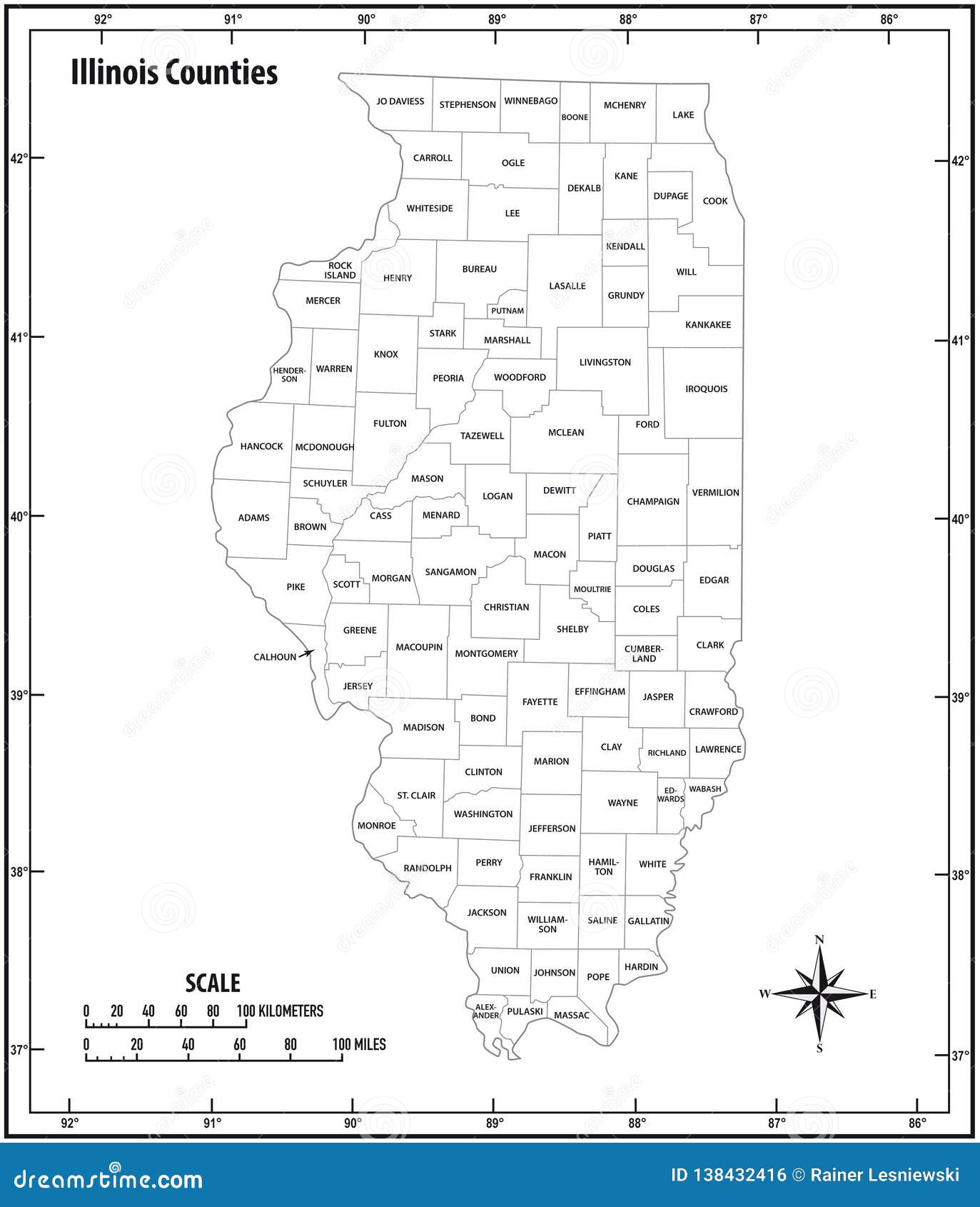 Illinois State Outline Administrative and Political Vector Map in Black