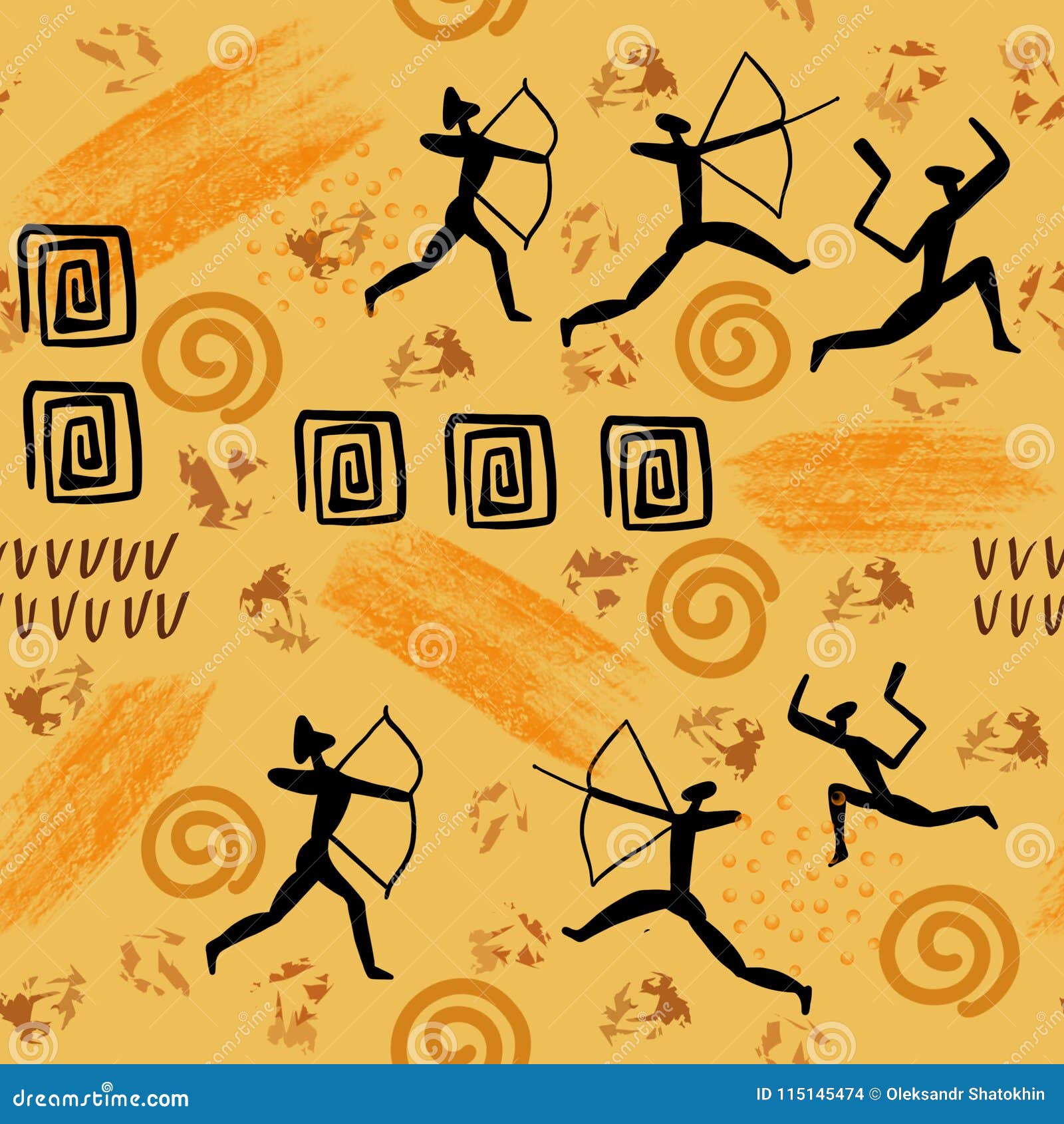 Seamless pattern. Ancient rock drawing with primitive people and