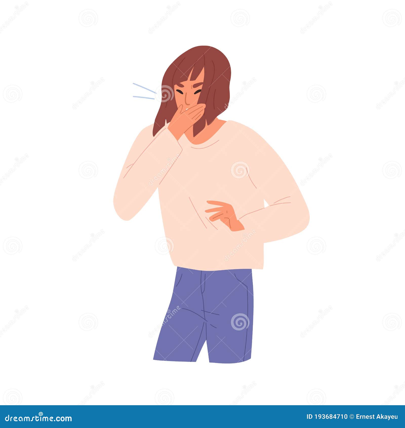 illness female coughing closing mouth by hand  flat . unwell girl with flu, grippe or seasonal disease