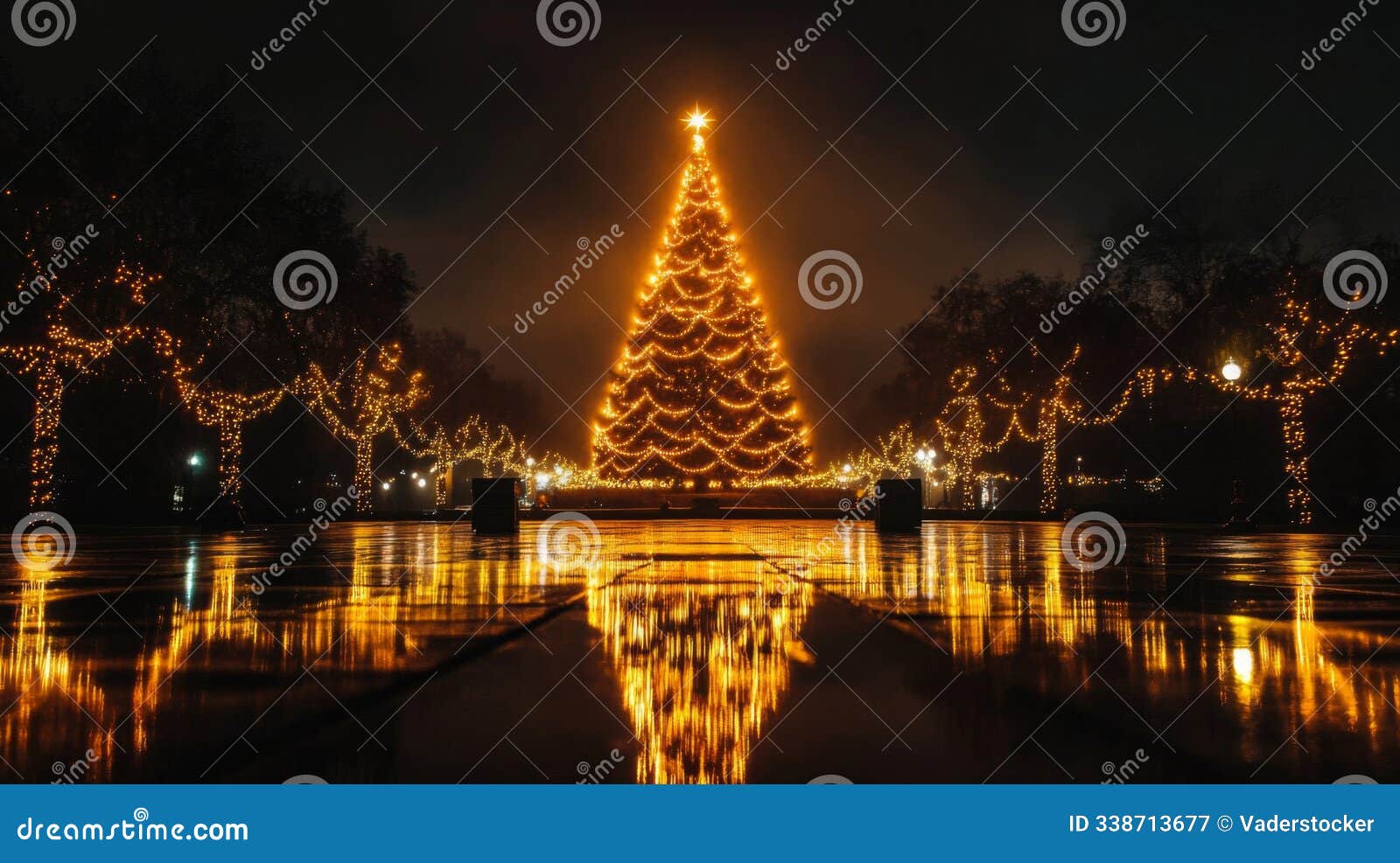 illuminated christmas tree with street lights and reflections in wet pavement