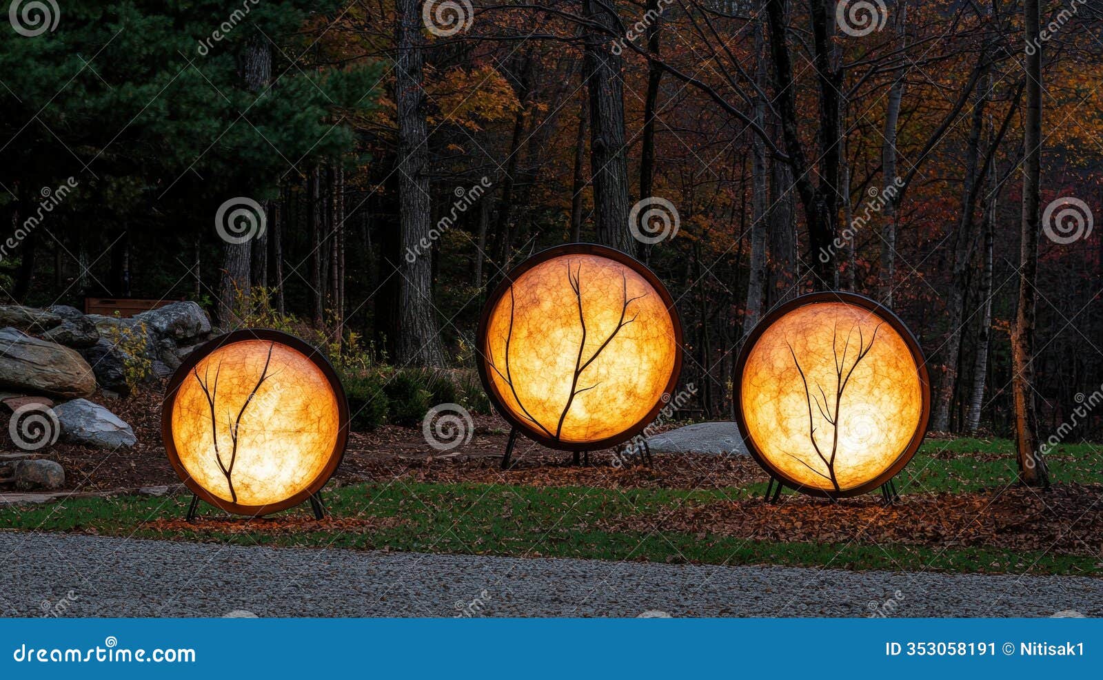 illuminated circular tree art displaying warmth and nature in an outdoor setting