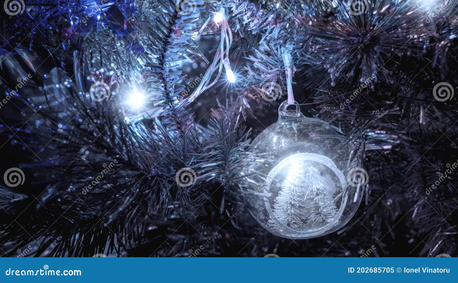 Illuminated Decorative Sphere on the Christmas Tree Stock Image Image