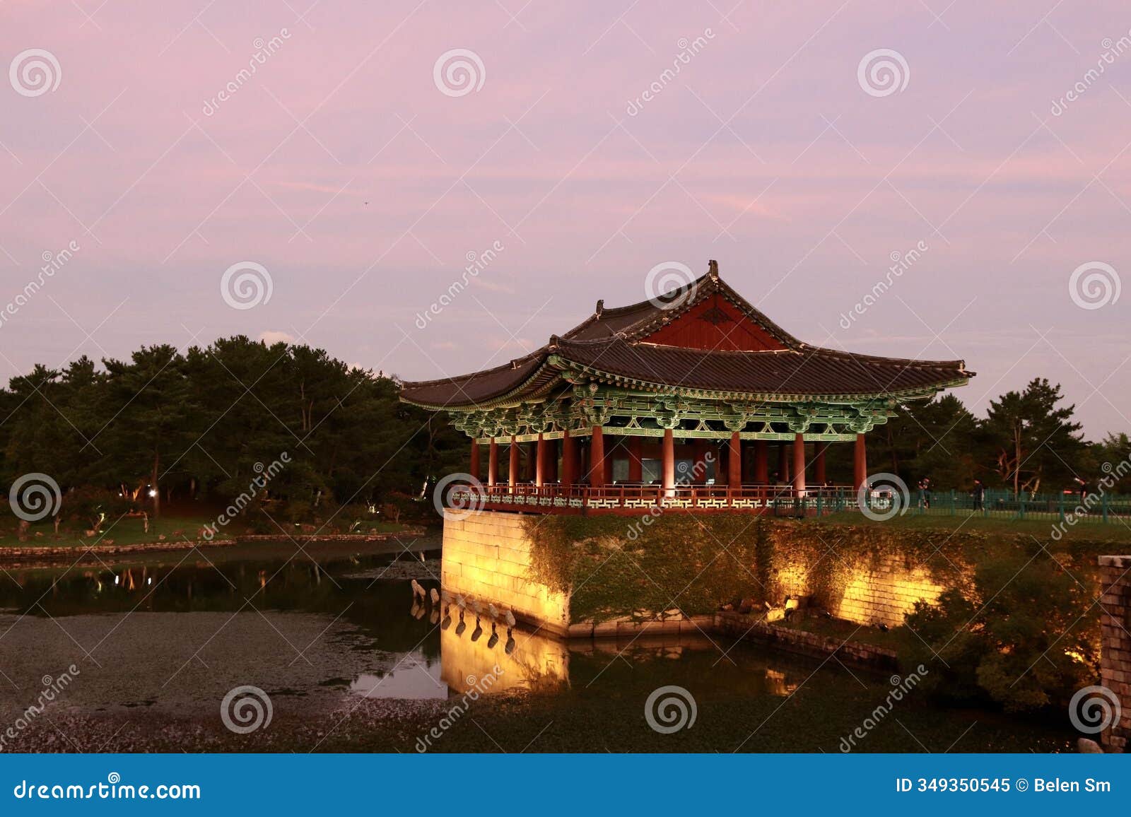 illuminated donggung palace and wolji pond at sunset, gyeongju, south korea