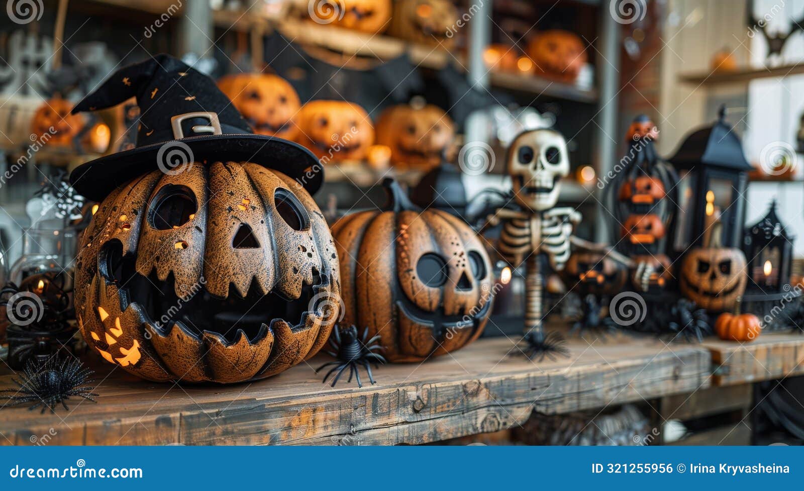 illuminated jack olantern with witch hat and skeleton decorated for halloween