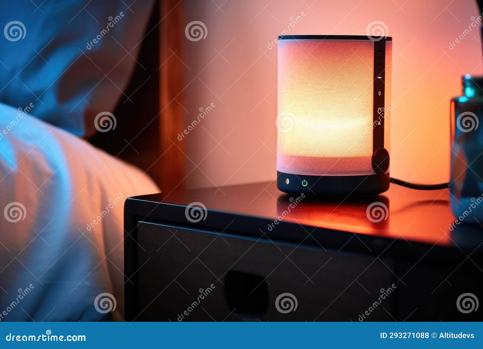 Illuminated Smart Speaker Glowing on a Bedside Table Stock Photo