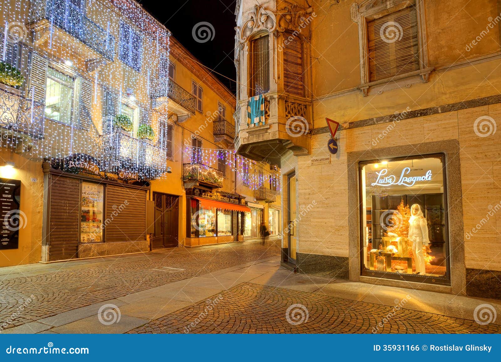 Illuminated Street At Night. Alba, Italy. Editorial Photo 