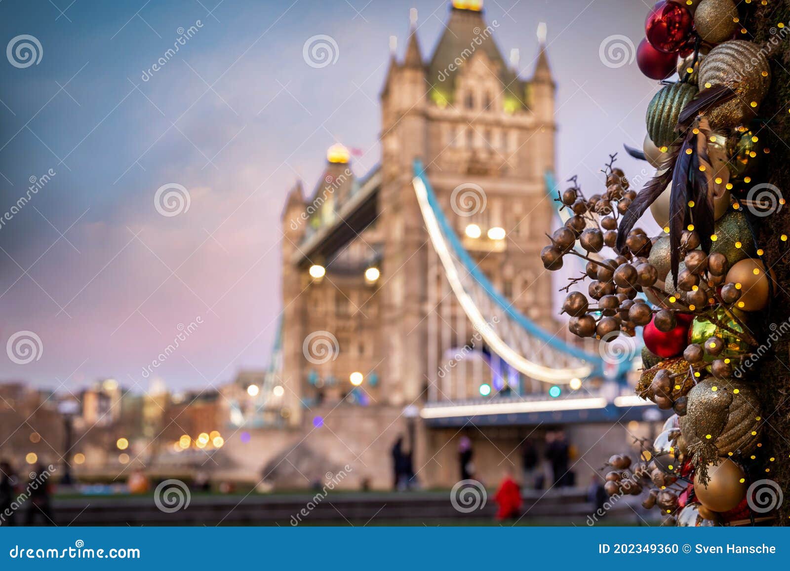 The Illuminated Tower Bridge in London with Christmas Decorations in