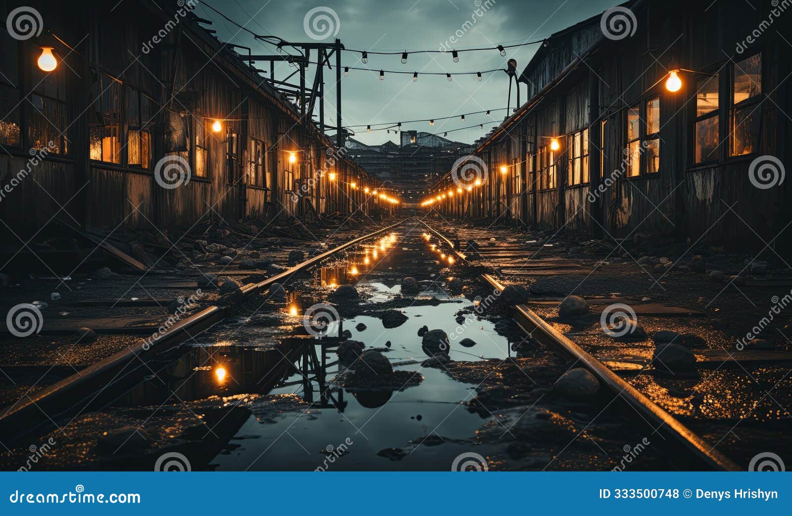 illuminated train track at night