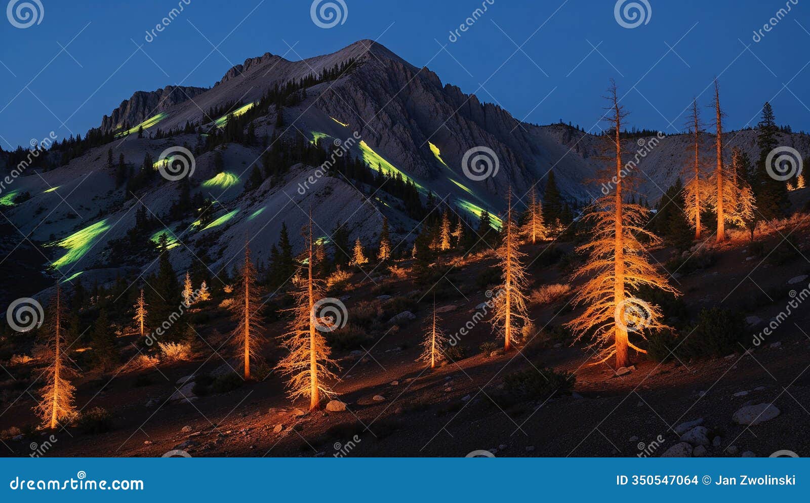 illuminated trees and mountainside at twilight, a captivating light art installation