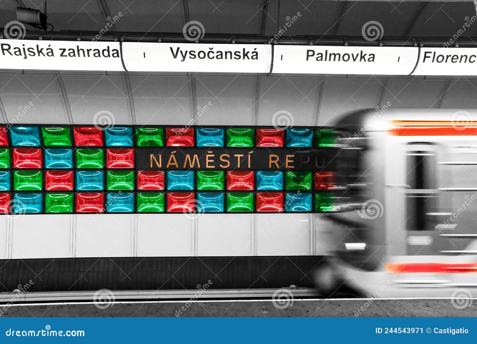 illuminated underground metro station, public transport in prague, czech republic, departing train from the station