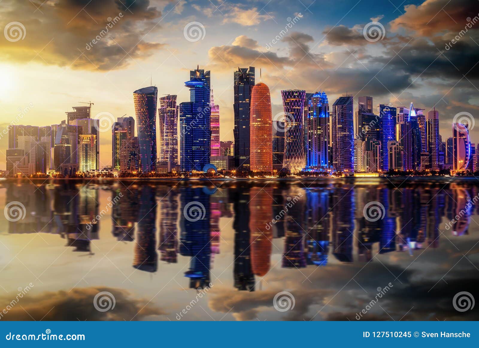 the illuminated, urban skyline of doha, qatar