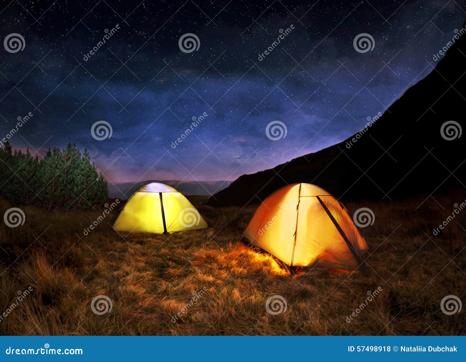 Illuminated Yellow Camping Tent Under Stars Stock Photo Image of