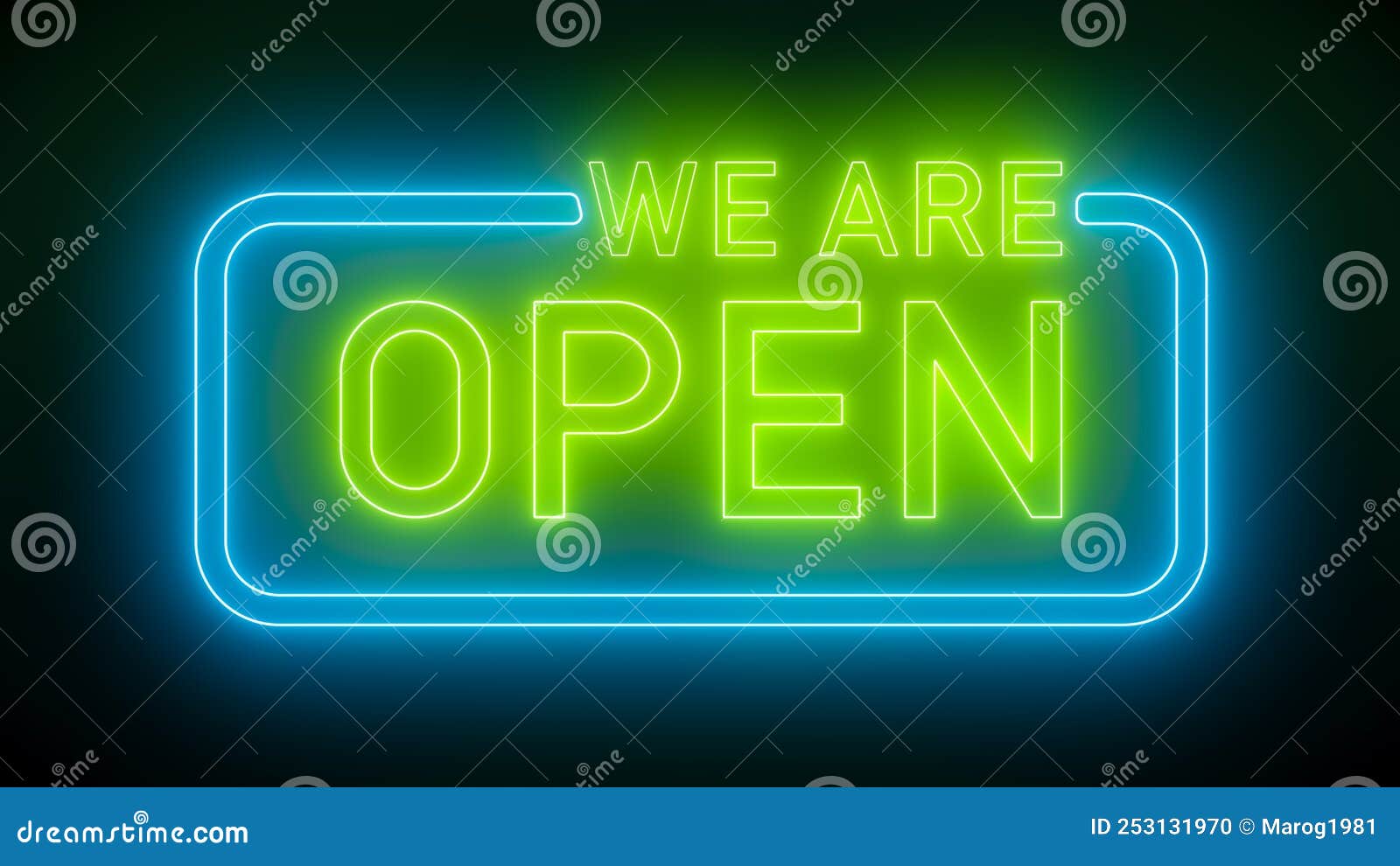 Illustation of Glowing Neon Sign with Message, we are Open in Green and
