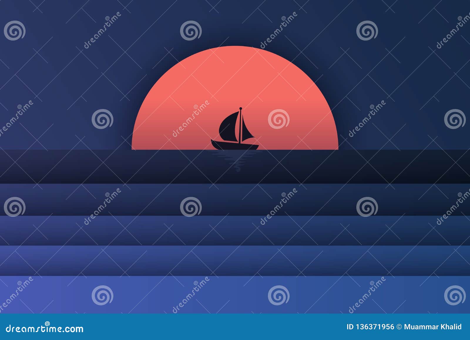 illustraion of sea view and sunset in the evening with a mercusuar and the spotlight in the sea. beautiful sunset seascape. paper