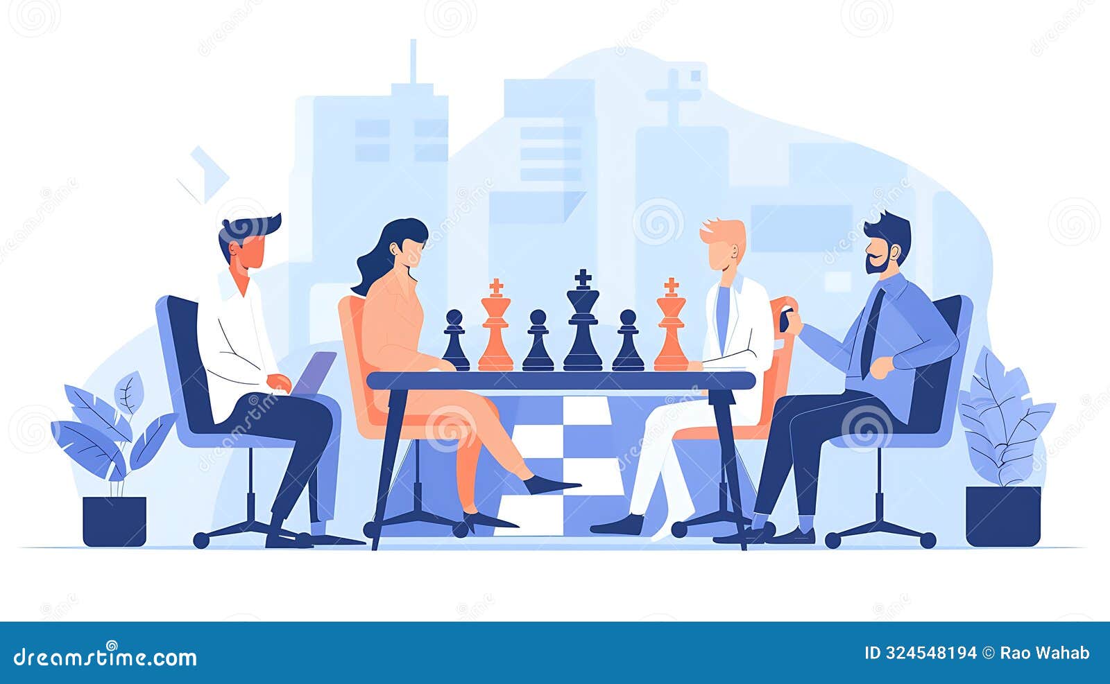 illustrate a strategic meeting where team members discuss competitive positioning using chess pieces on a board to ize