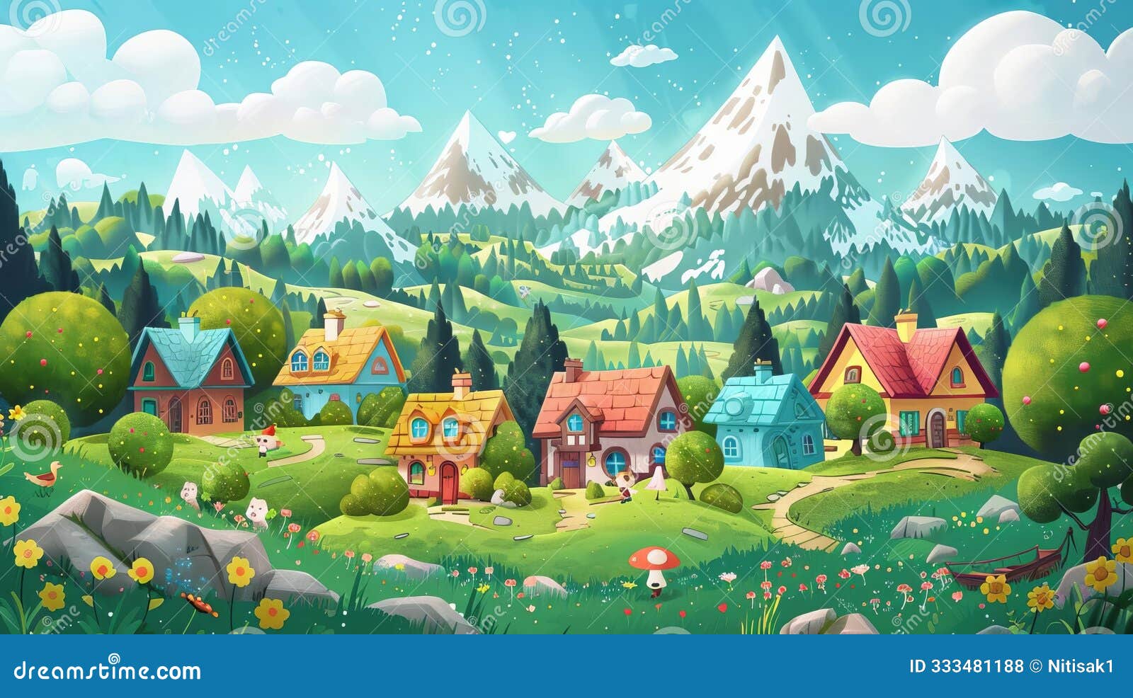 illustrate a whimsical chibi village nestled in a panoramic view of lush green meadows and snowcapped mountains