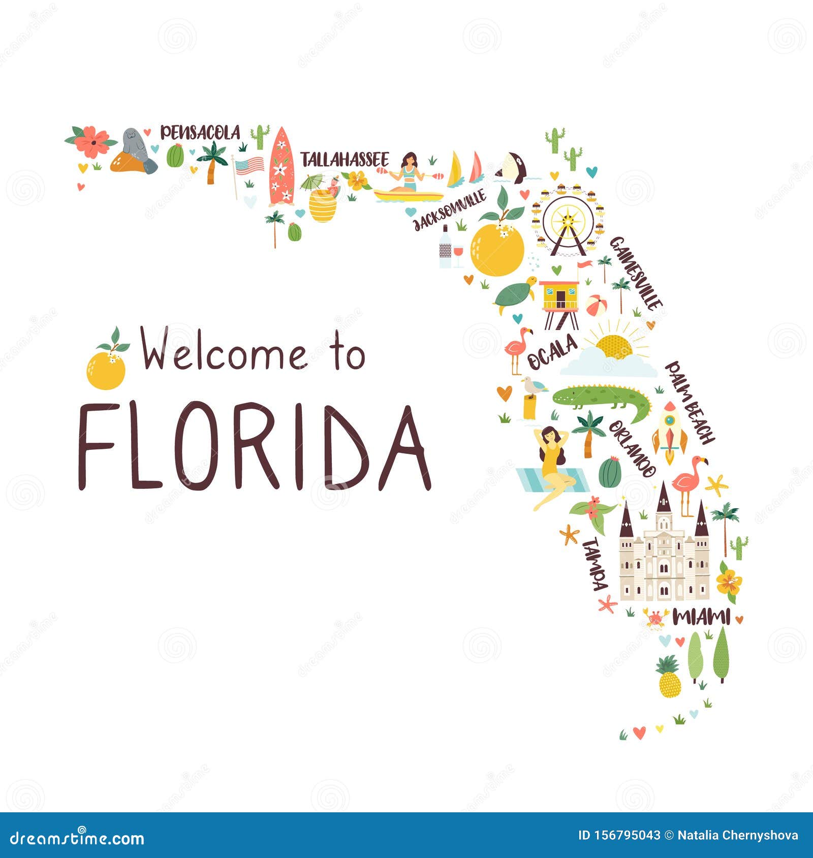 Illustrated Abstract Map of Florida with Symbols Stock Vector ...